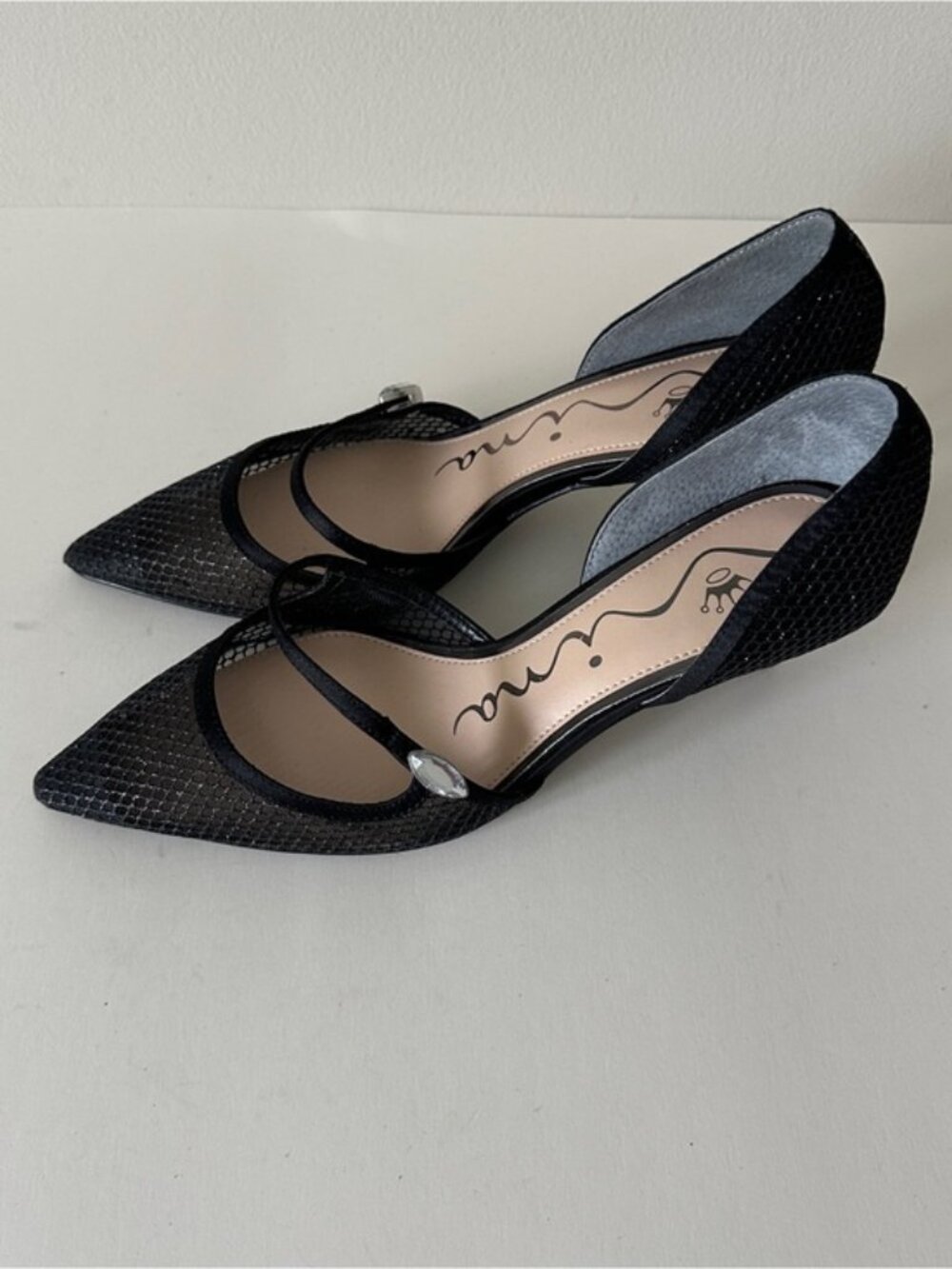 NEW Nina Nashly Black Mesh Pointed-Toe Cap Toe Mary Jane Stilletto Heels, Sz 8M